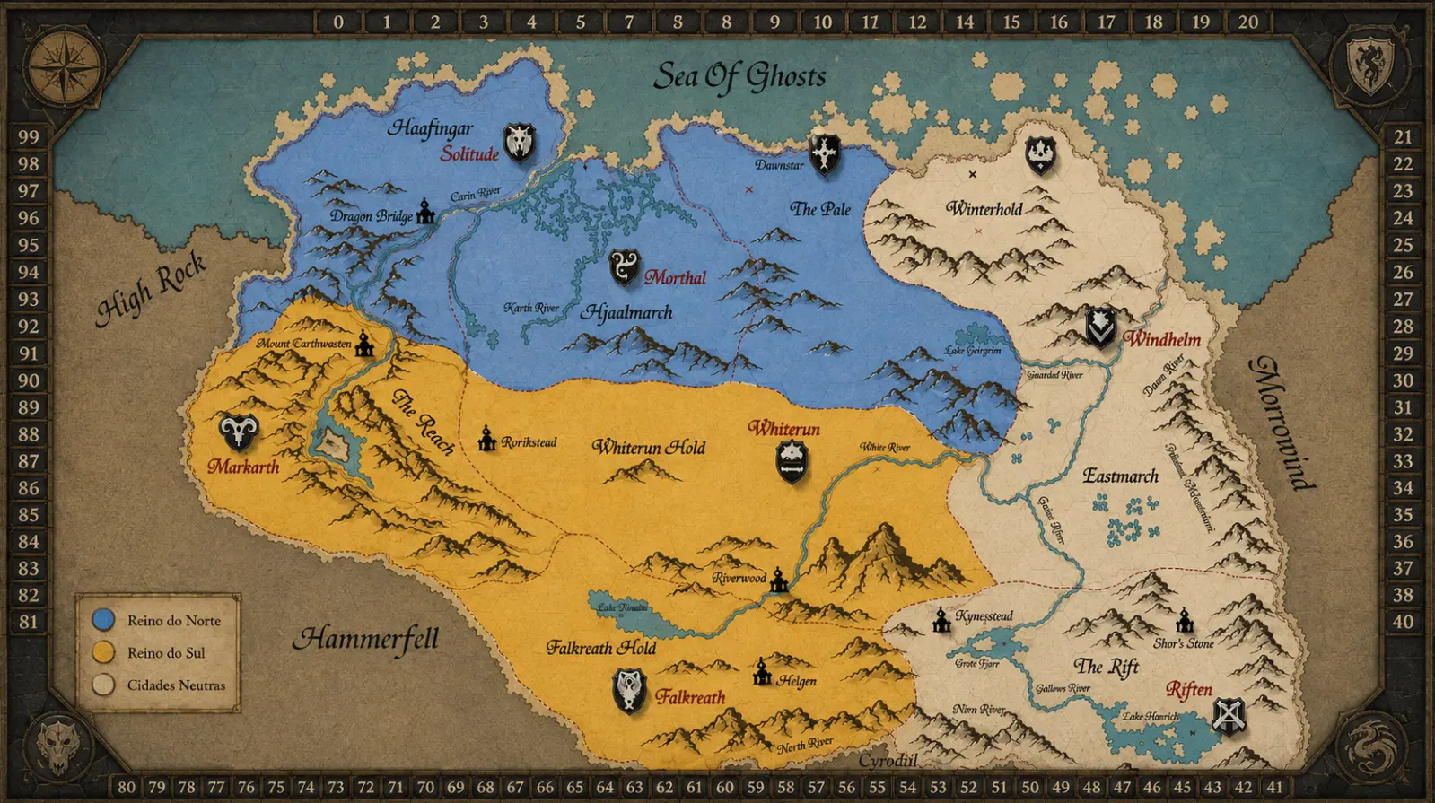 Mapa de Skyrim no SkyzRP: Reino do Norte em azul, Reino do Sul em dourado e as Cidades Neutras a leste